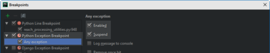 PyCharm Debugging - Stop on Unhandled Exceptions